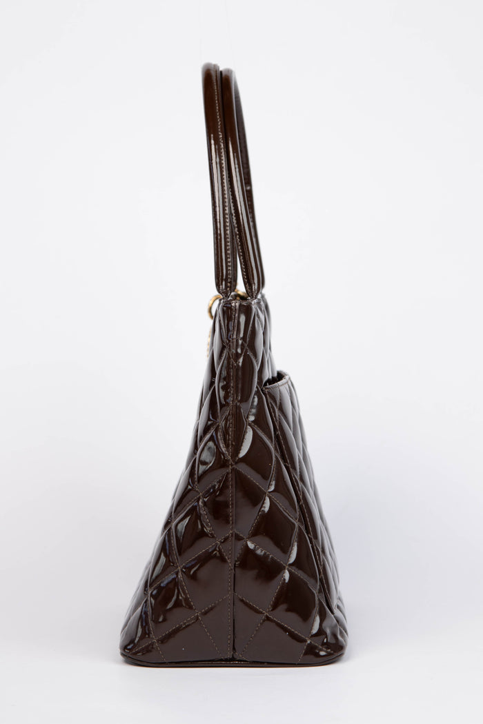 2000s Chanel Brown Patent Leather Gold Medallion Tote Bag