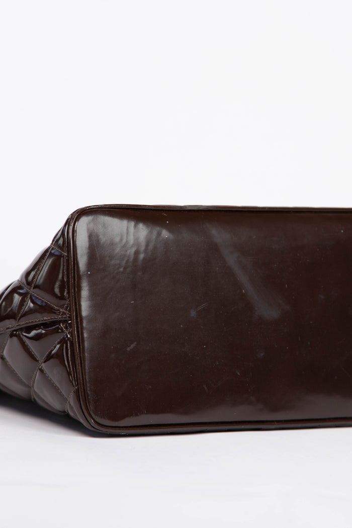 2000s Chanel Brown Patent Leather Gold Medallion Tote Bag