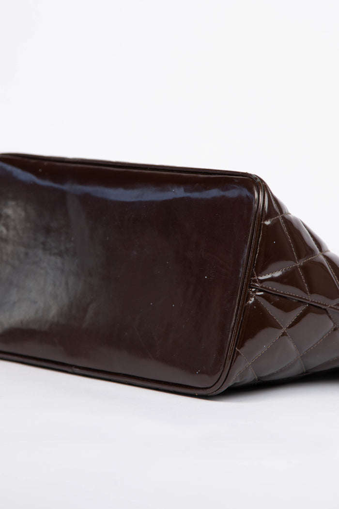 2000s Chanel Brown Patent Leather Gold Medallion Tote Bag