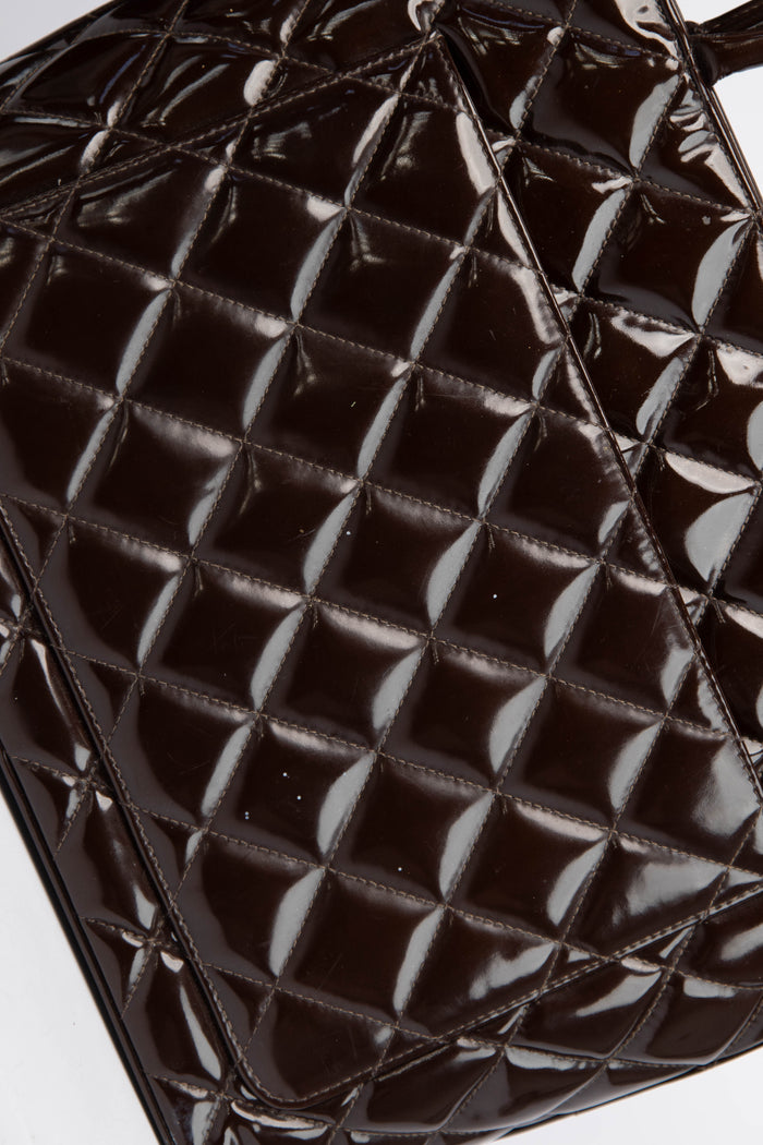 2000s Chanel Brown Patent Leather Gold Medallion Tote Bag