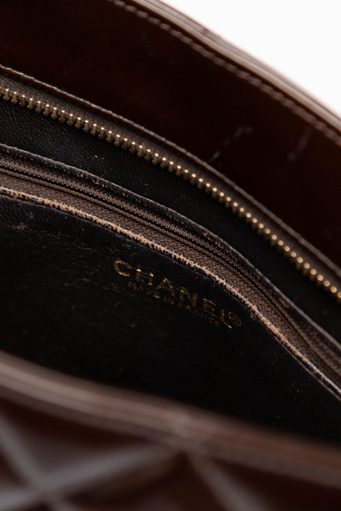 2000s Chanel Brown Patent Leather Gold Medallion Tote Bag
