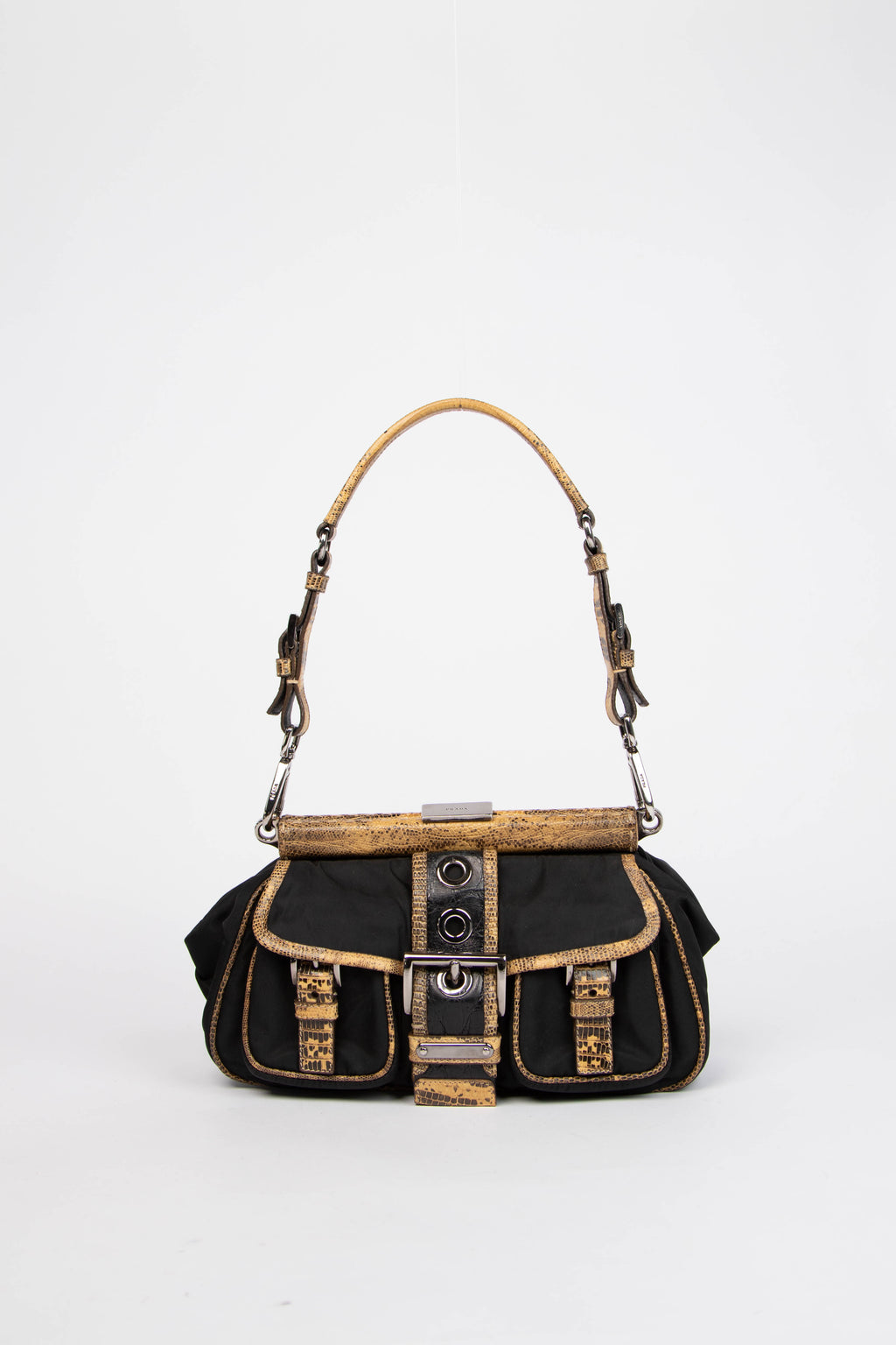 2000s Prada Black Nylon Lizard Trim Pocket Frame Shoulder Bag