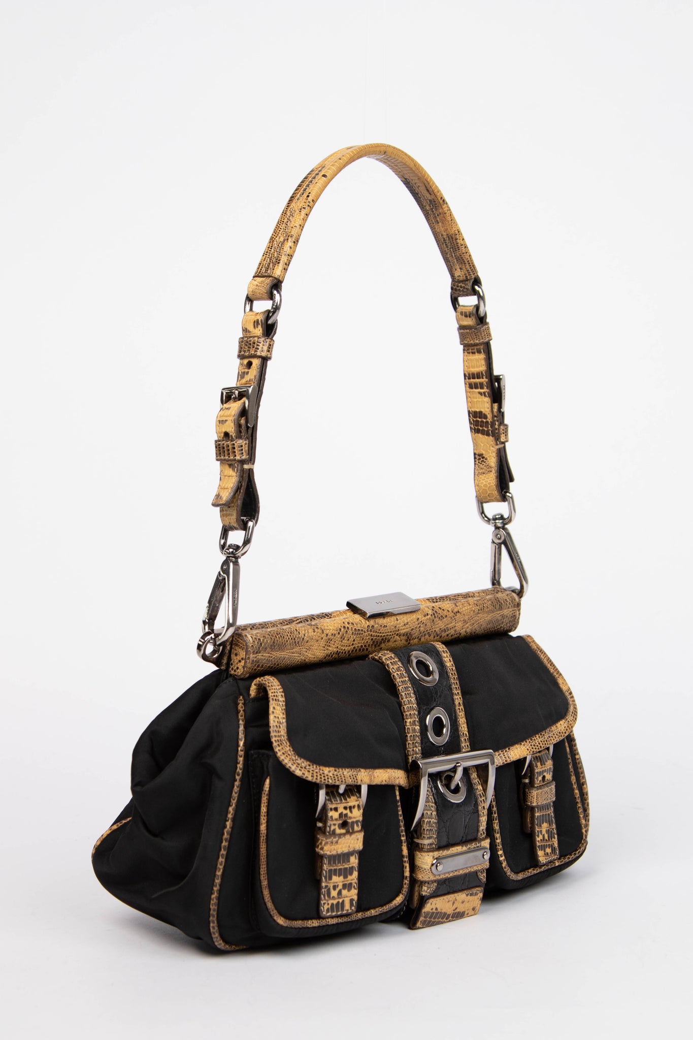 2000s Prada Black Nylon Lizard Trim Pocket Frame Shoulder Bag