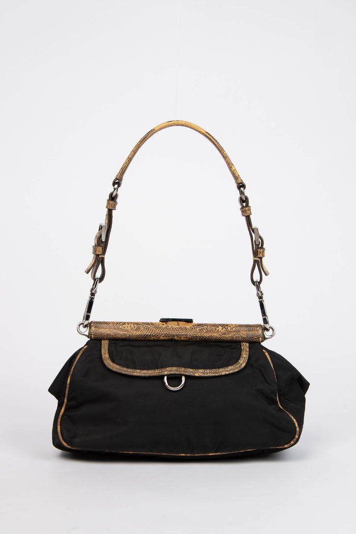 2000s Prada Black Nylon Lizard Trim Pocket Frame Shoulder Bag