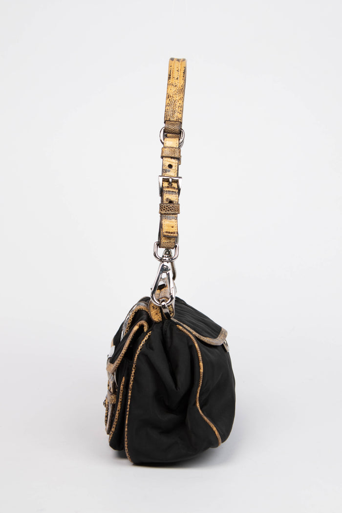 2000s Prada Black Nylon Lizard Trim Pocket Frame Shoulder Bag