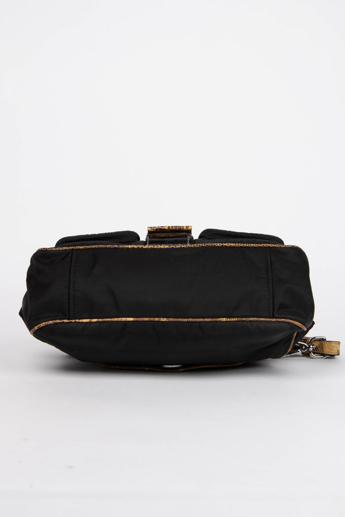 2000s Prada Black Nylon Lizard Trim Pocket Frame Shoulder Bag