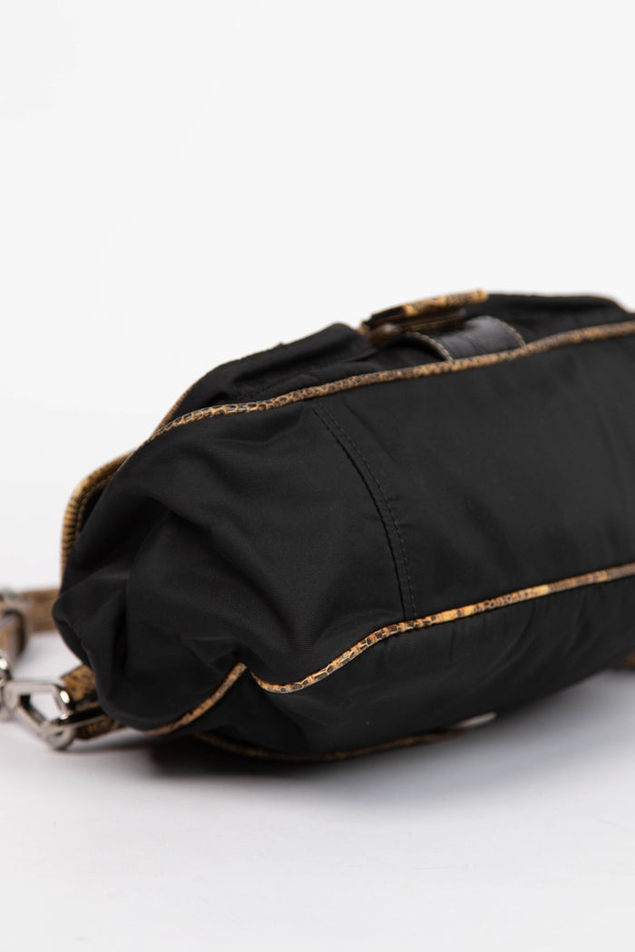 2000s Prada Black Nylon Lizard Trim Pocket Frame Shoulder Bag