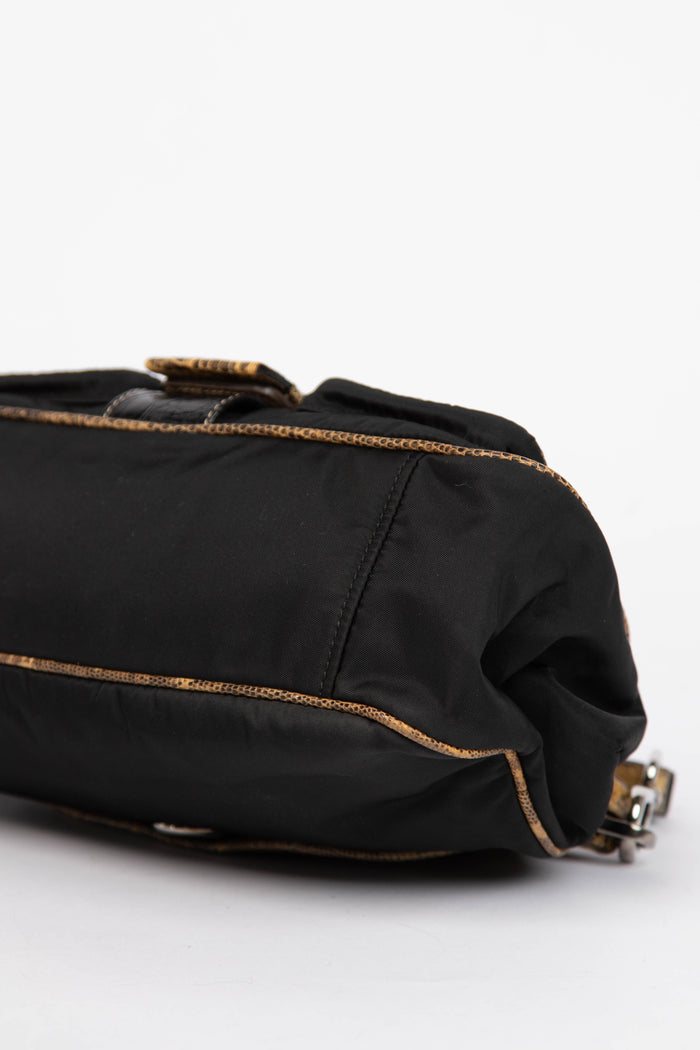 2000s Prada Black Nylon Lizard Trim Pocket Frame Shoulder Bag