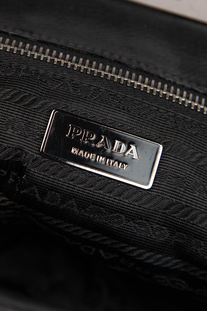 2000s Prada Black Nylon Lizard Trim Pocket Frame Shoulder Bag