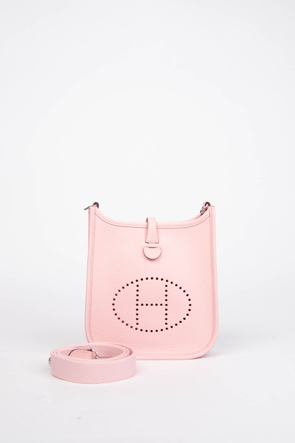 2025 Hermès Rose Sakura Clemence Leather Mini Evelyne with SHW