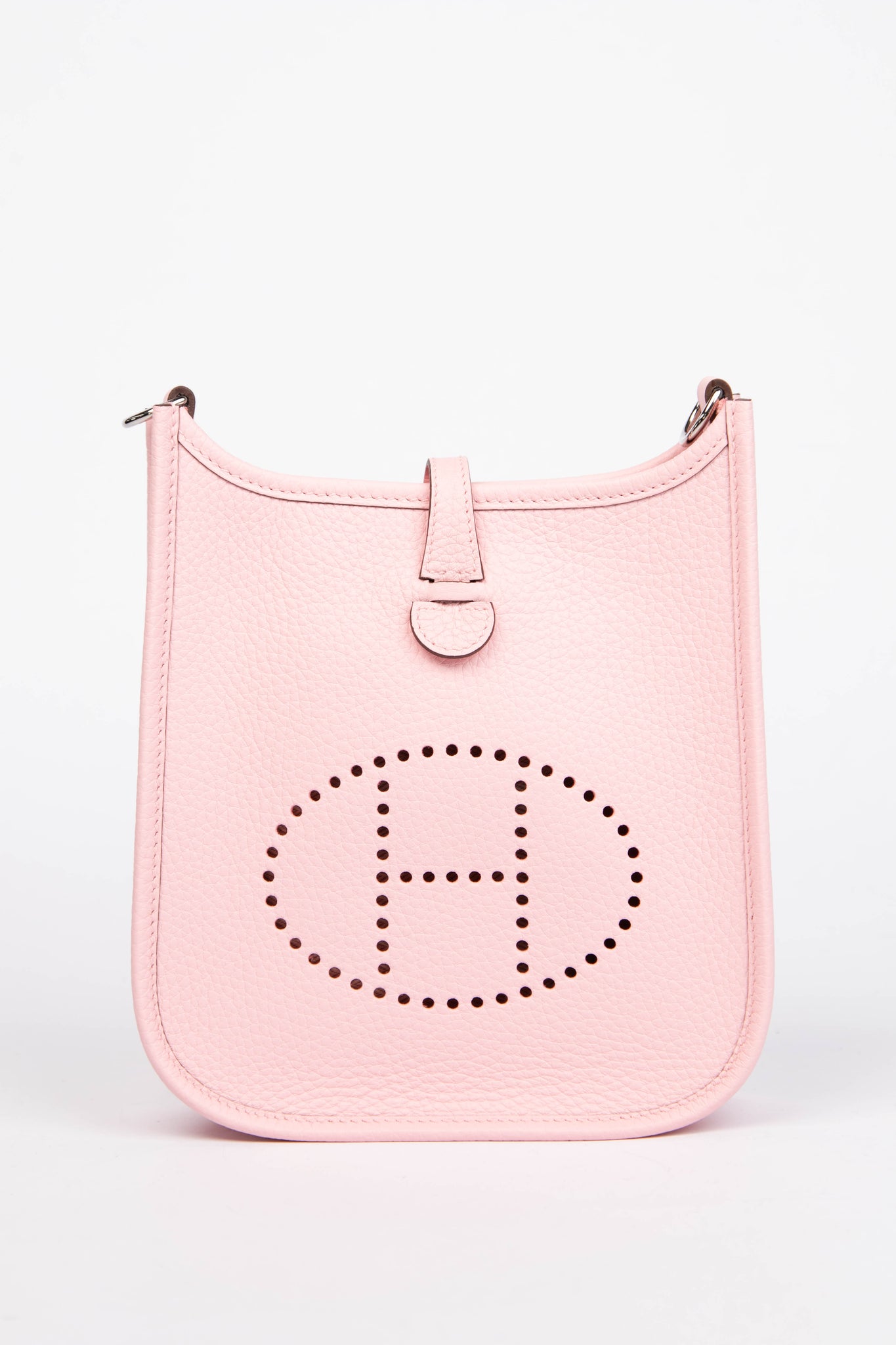 2025 Hermès Rose Sakura Clemence Leather Mini Evelyne with SHW