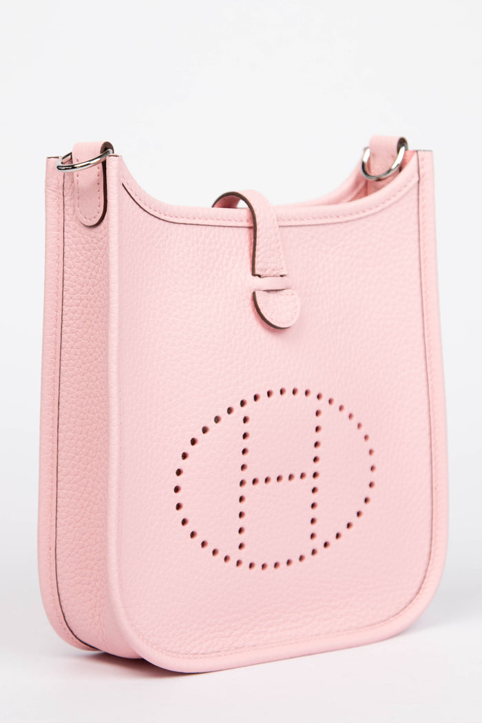 2025 Hermès Rose Sakura Clemence Leather Mini Evelyne with SHW