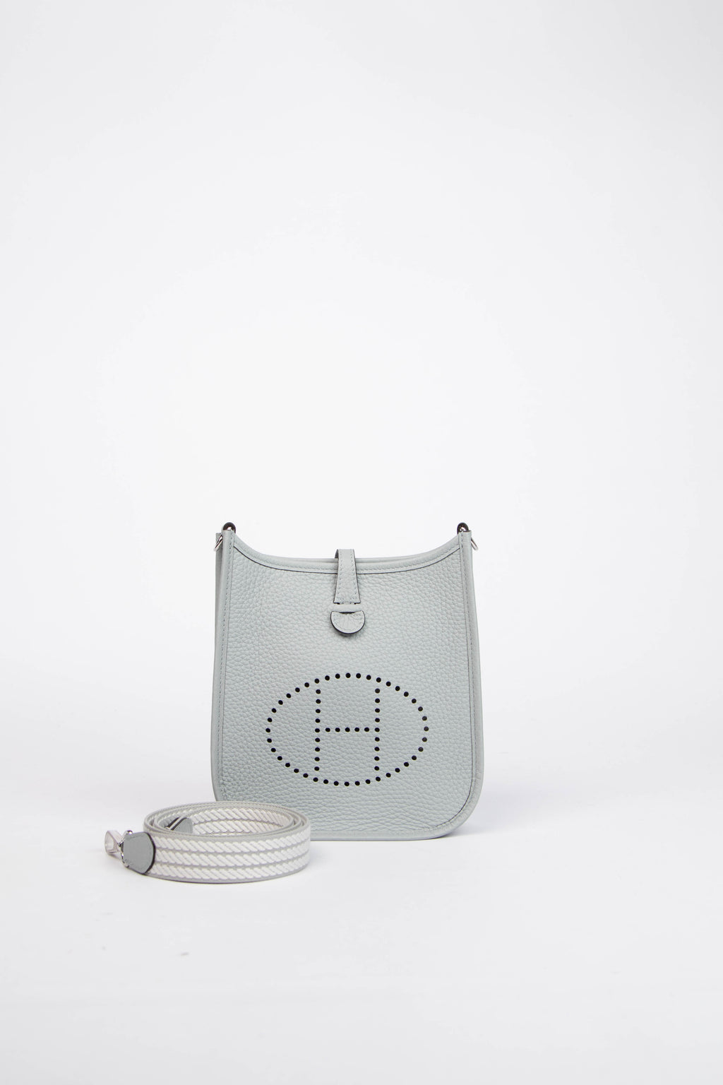 2024 Hermès Blue Glacier Clemence Leather Mini Evelyne with SHW