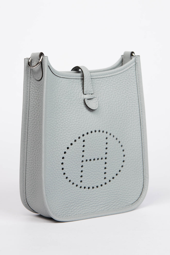 2024 Hermès Blue Glacier Clemence Leather Mini Evelyne with SHW