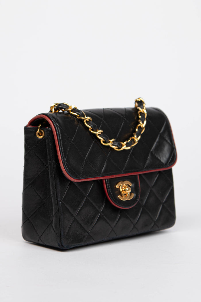 90s Chanel Black Lambskin Mini Square Flap Bag with 24K GHW
