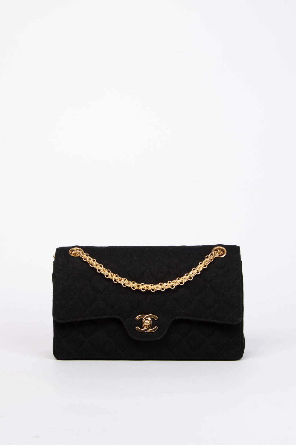 80s Chanel Black Jersey Medium Double Flap Shoulder Bag 24k GHW