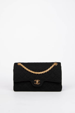 80s Chanel Black Jersey Medium Double Flap Shoulder Bag 24k GHW
