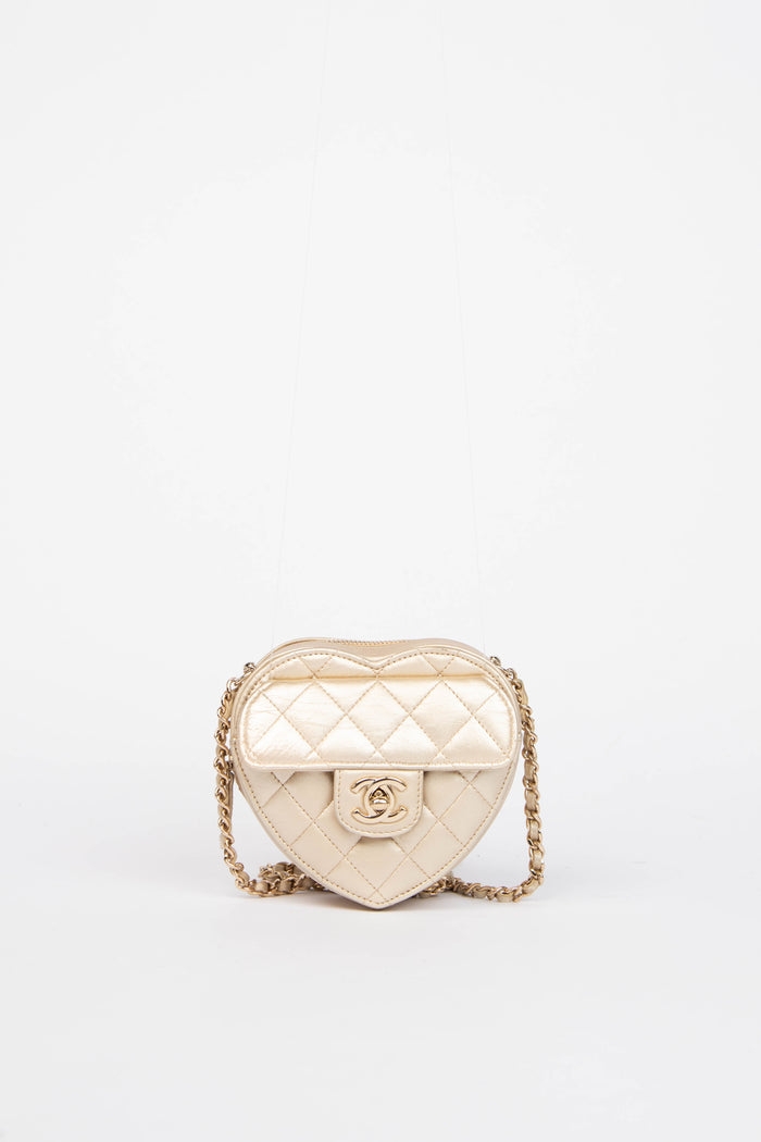 RARE Chanel Gold Lambskin Leather Heart Small Cross Body Bag