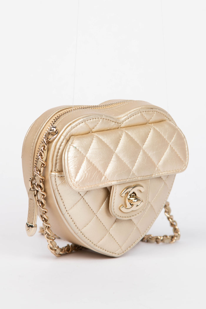 RARE Chanel Gold Lambskin Leather Heart Small Cross Body Bag
