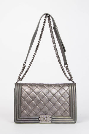 2014 Chanel Silver Perforated Leather Medium Boy Bag