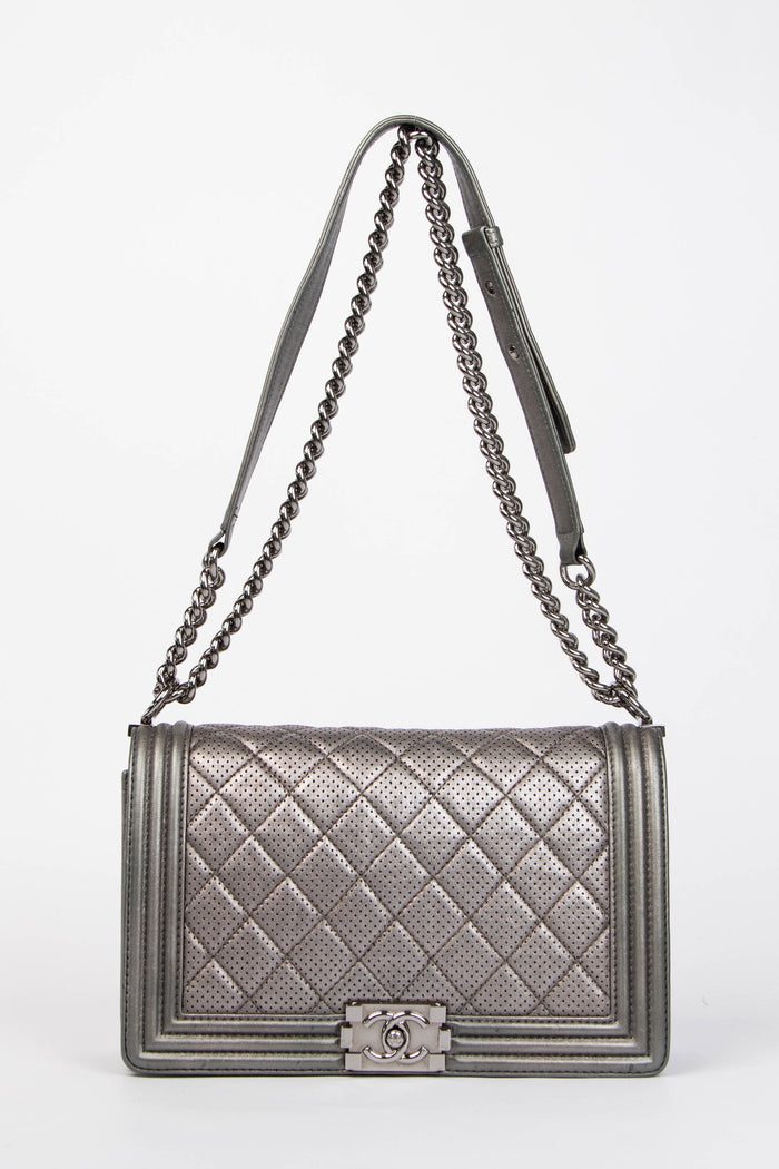 2014 Chanel Silver Perforated Leather Medium Boy Bag