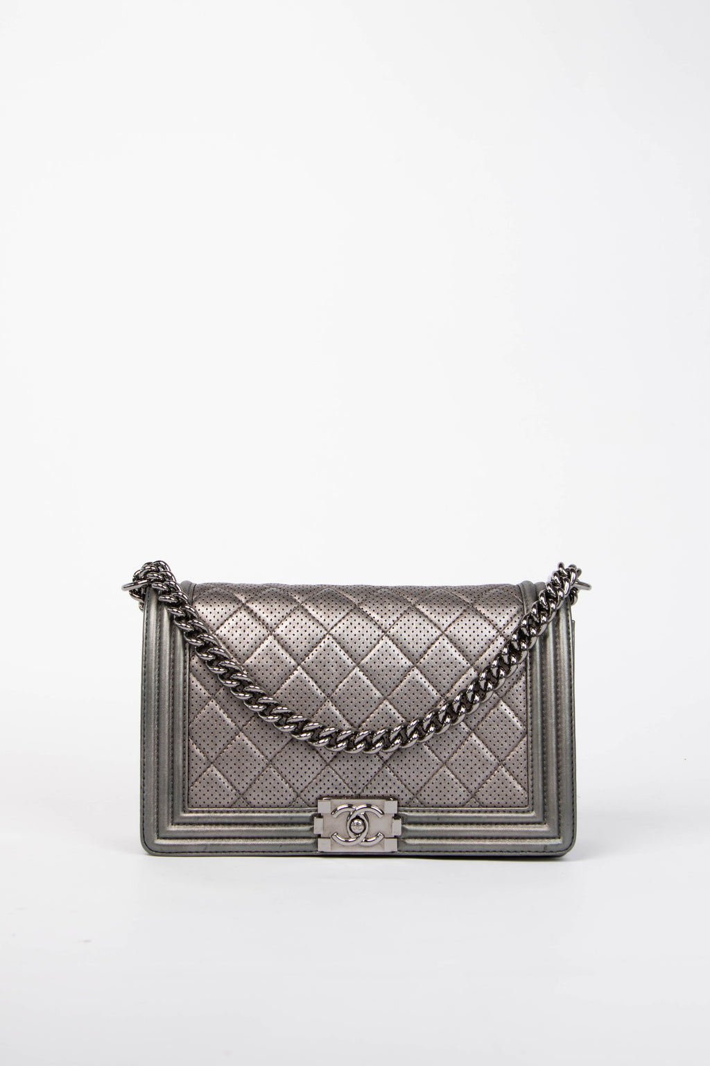 2014 Chanel Silver Perforated Leather Medium Boy Bag
