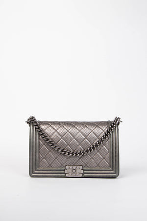2014 Chanel Silver Perforated Leather Medium Boy Bag