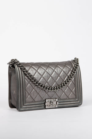 2014 Chanel Silver Perforated Leather Medium Boy Bag