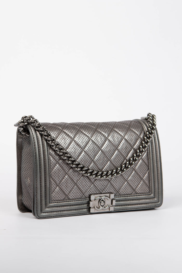 2014 Chanel Silver Perforated Leather Medium Boy Bag