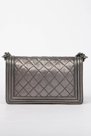 2014 Chanel Silver Perforated Leather Medium Boy Bag