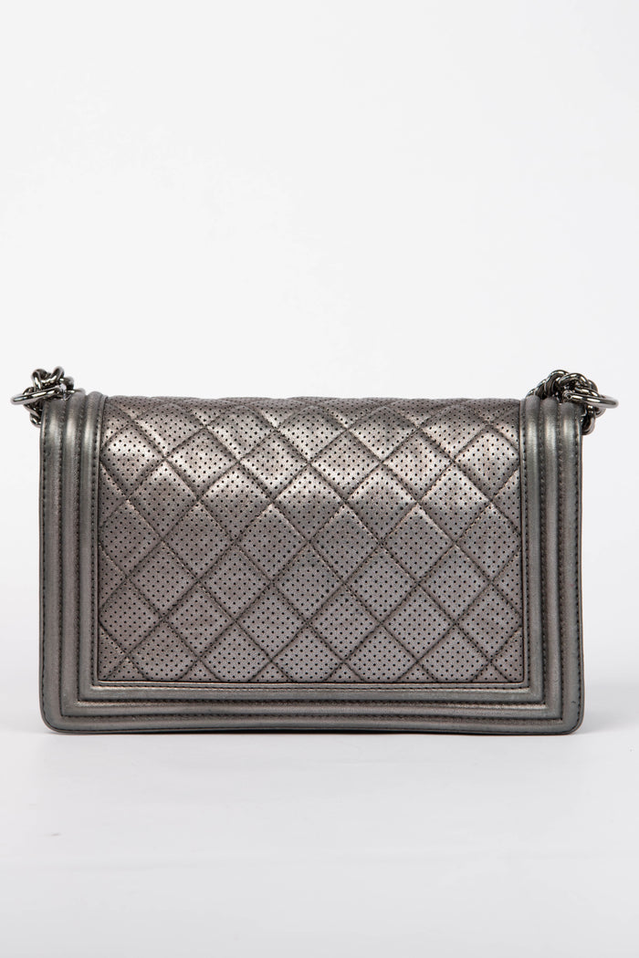 2014 Chanel Silver Perforated Leather Medium Boy Bag