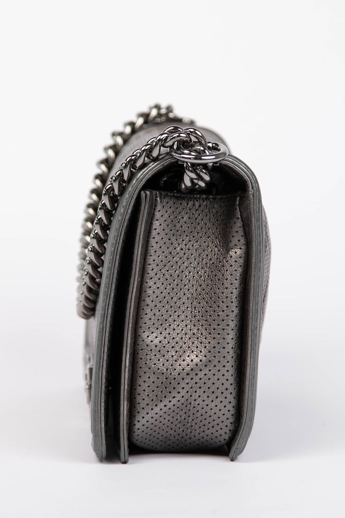 2014 Chanel Silver Perforated Leather Medium Boy Bag
