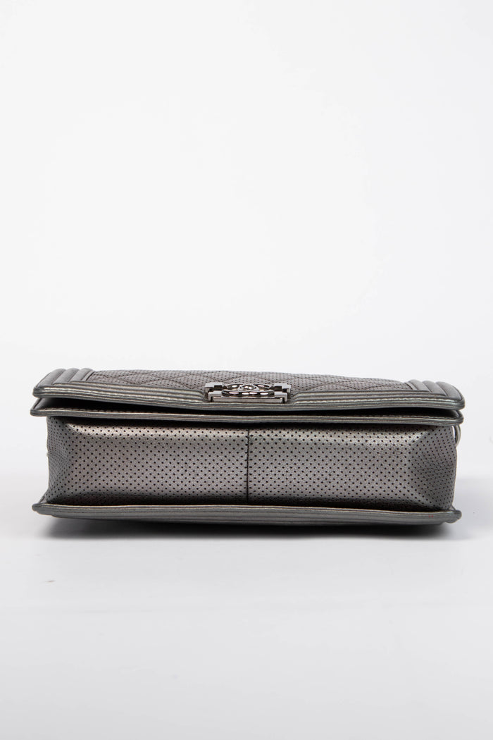 2014 Chanel Silver Perforated Leather Medium Boy Bag
