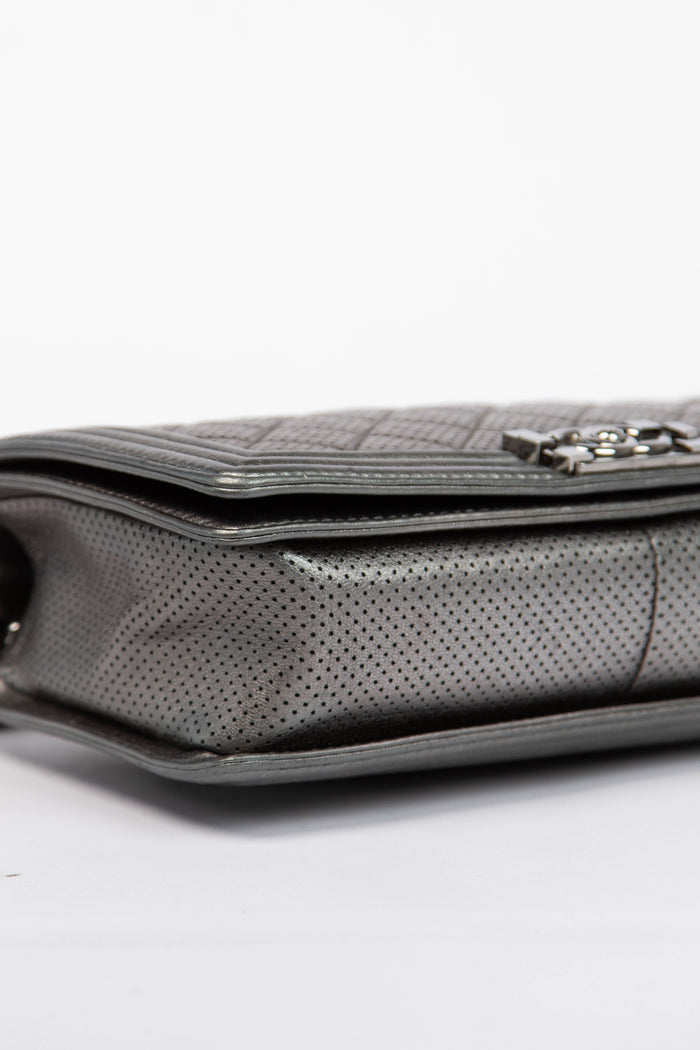 2014 Chanel Silver Perforated Leather Medium Boy Bag