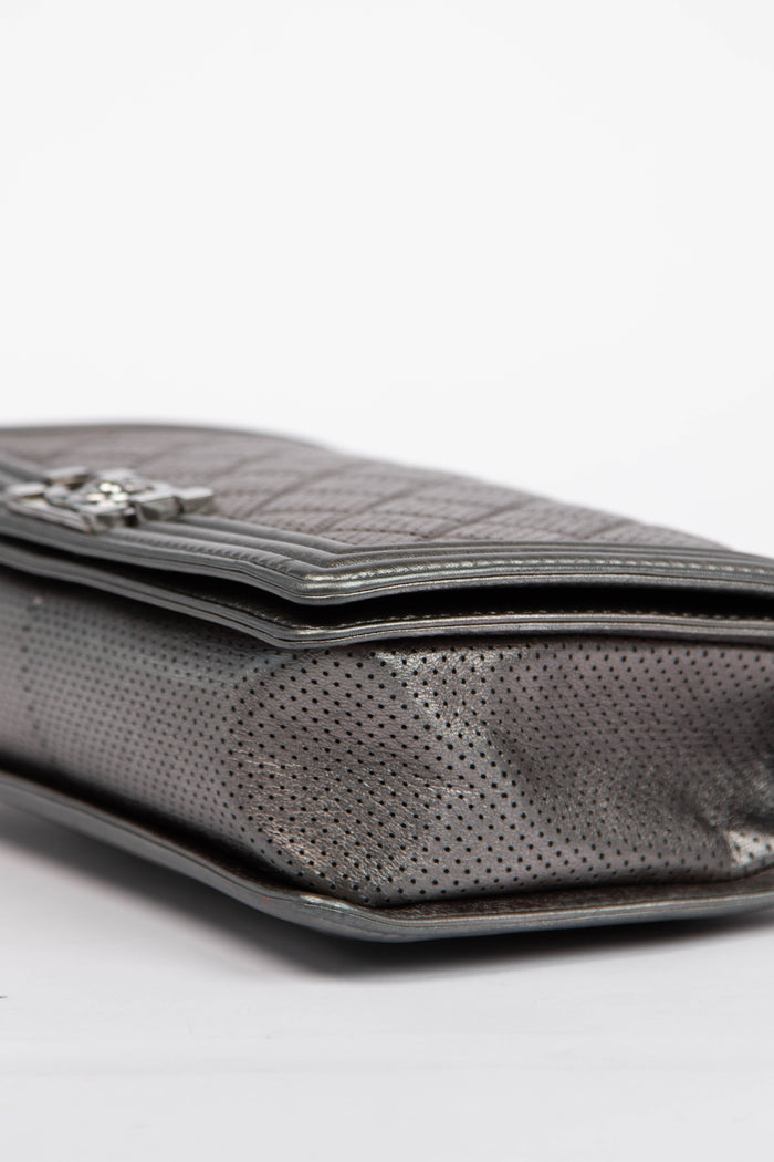 2014 Chanel Silver Perforated Leather Medium Boy Bag