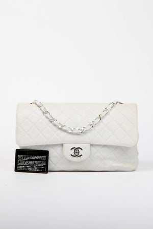 90s Chanel White Lambskin Large Single Flap Shoulder Bag