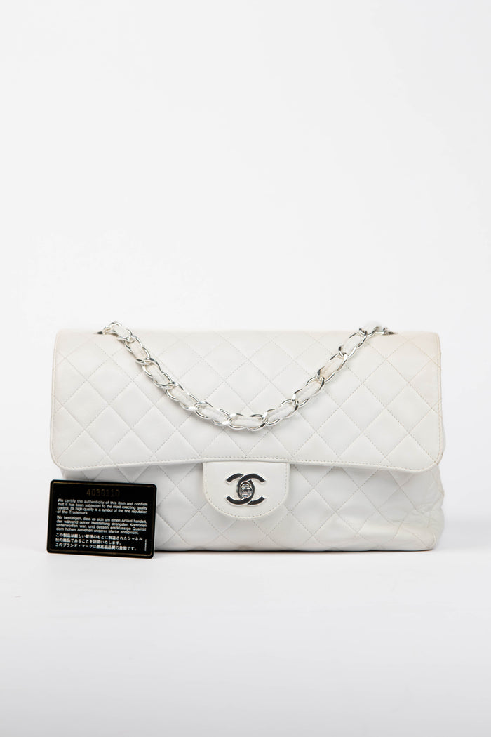 90s Chanel White Lambskin Large Single Flap Shoulder Bag