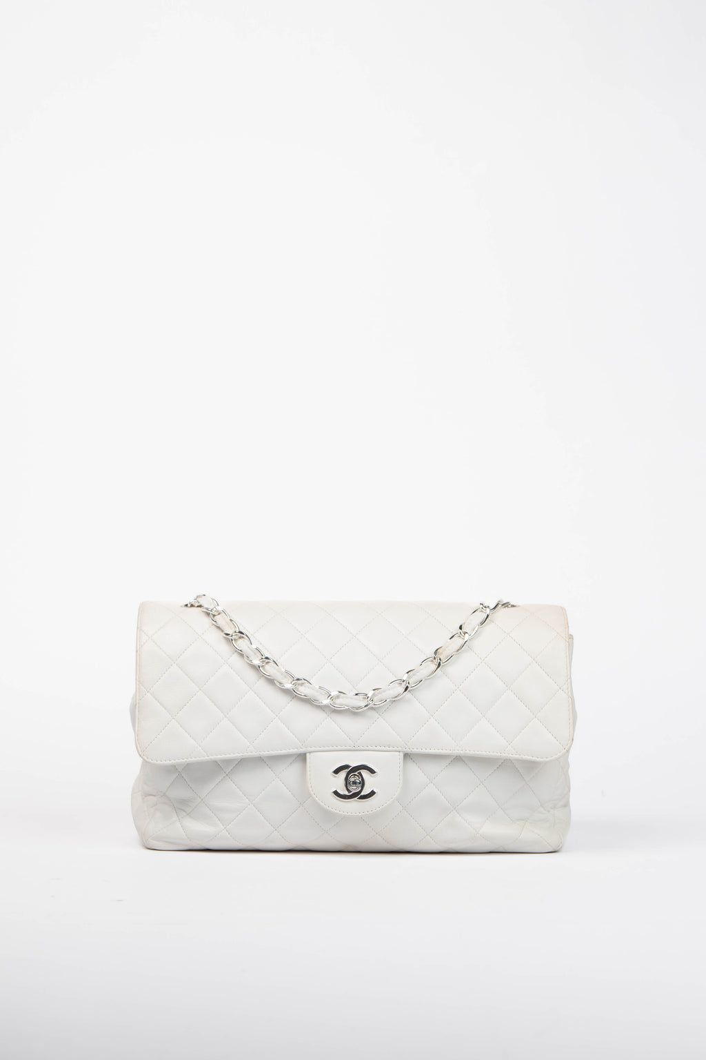 90s Chanel White Lambskin Large Single Flap Shoulder Bag