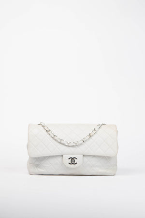 90s Chanel White Lambskin Large Single Flap Shoulder Bag