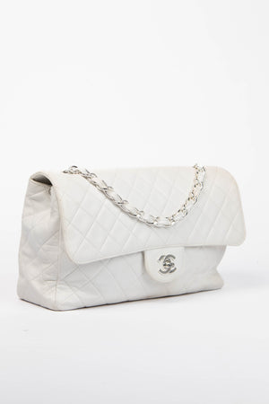90s Chanel White Lambskin Large Single Flap Shoulder Bag