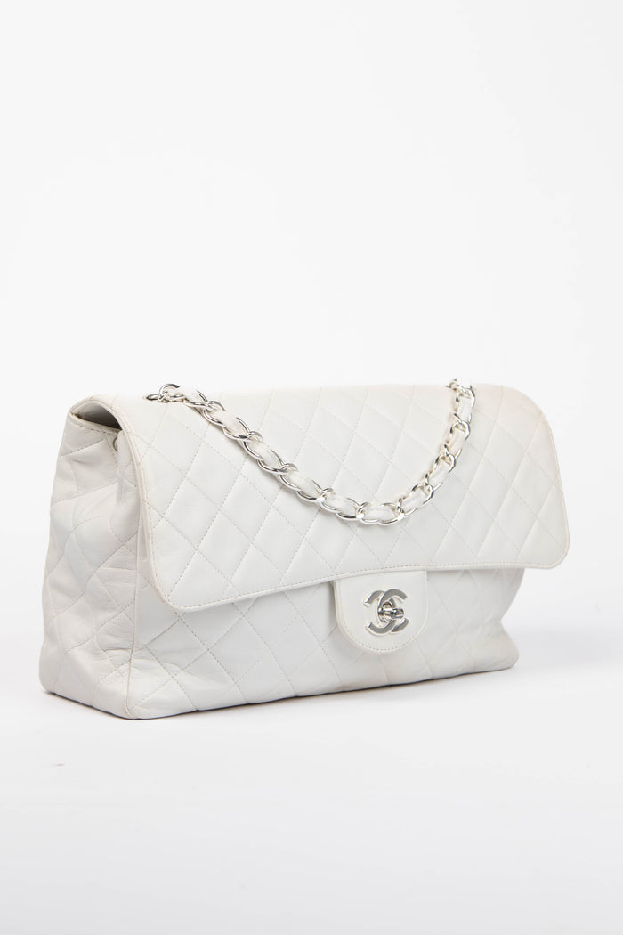 90s Chanel White Lambskin Large Single Flap Shoulder Bag