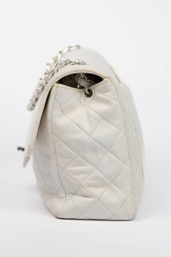 90s Chanel White Lambskin Large Single Flap Shoulder Bag