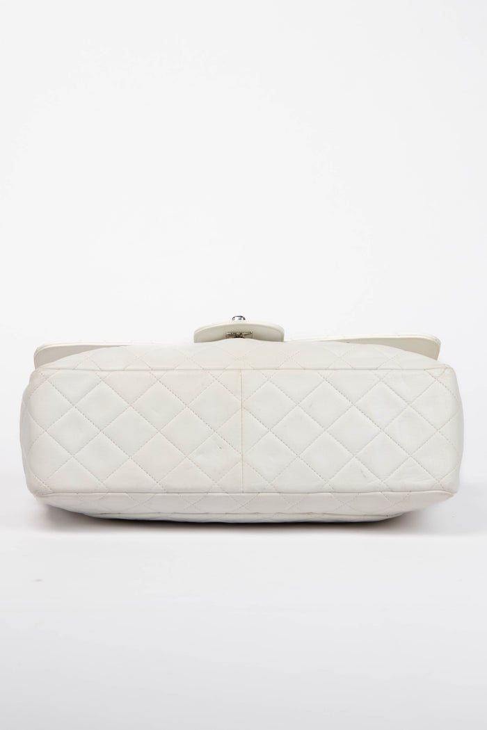 90s Chanel White Lambskin Large Single Flap Shoulder Bag