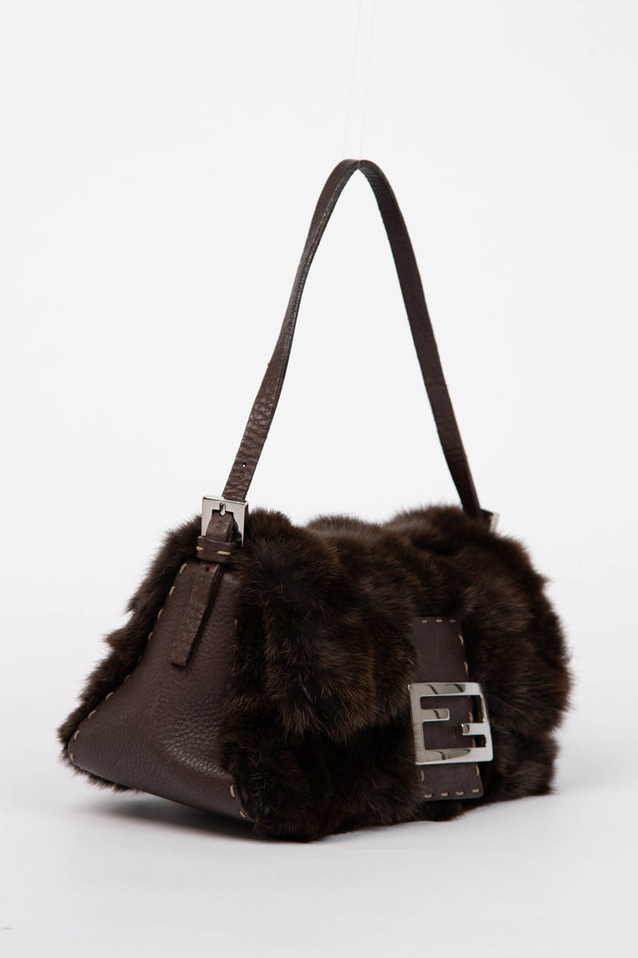 Vintage Fendi Brown Fur Selleria Mini Mamma Baguette Bag