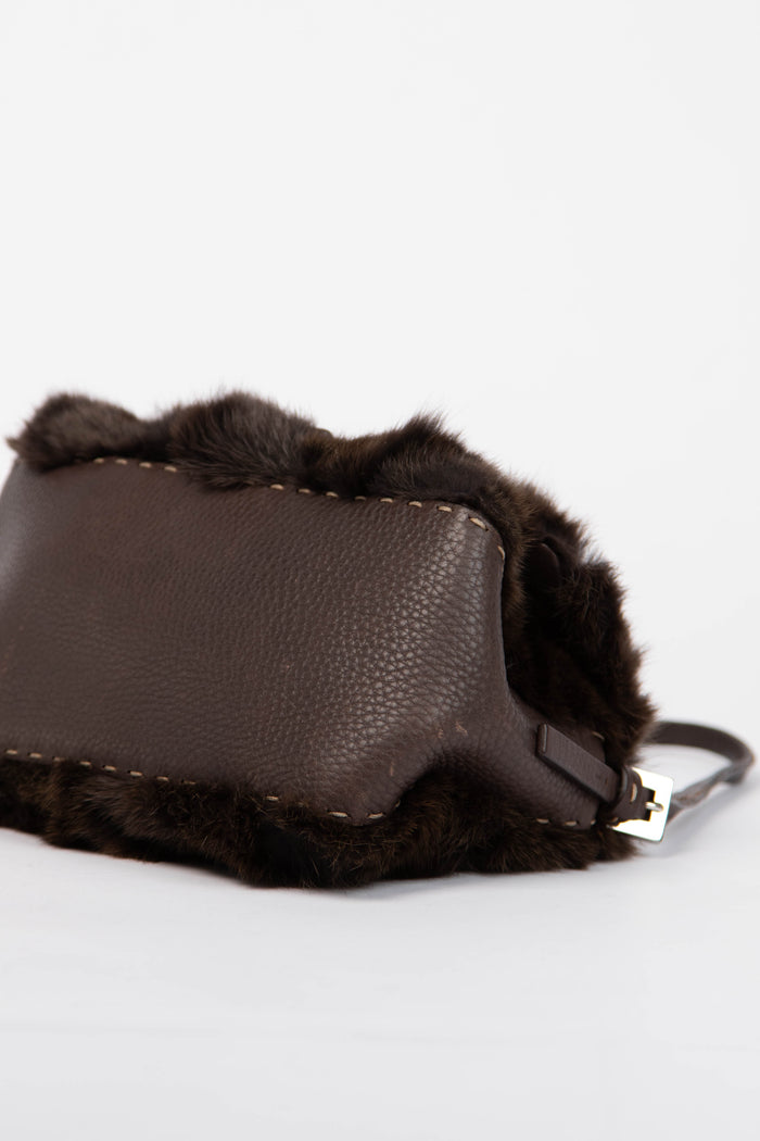 Vintage Fendi Brown Fur Selleria Mini Mamma Baguette Bag