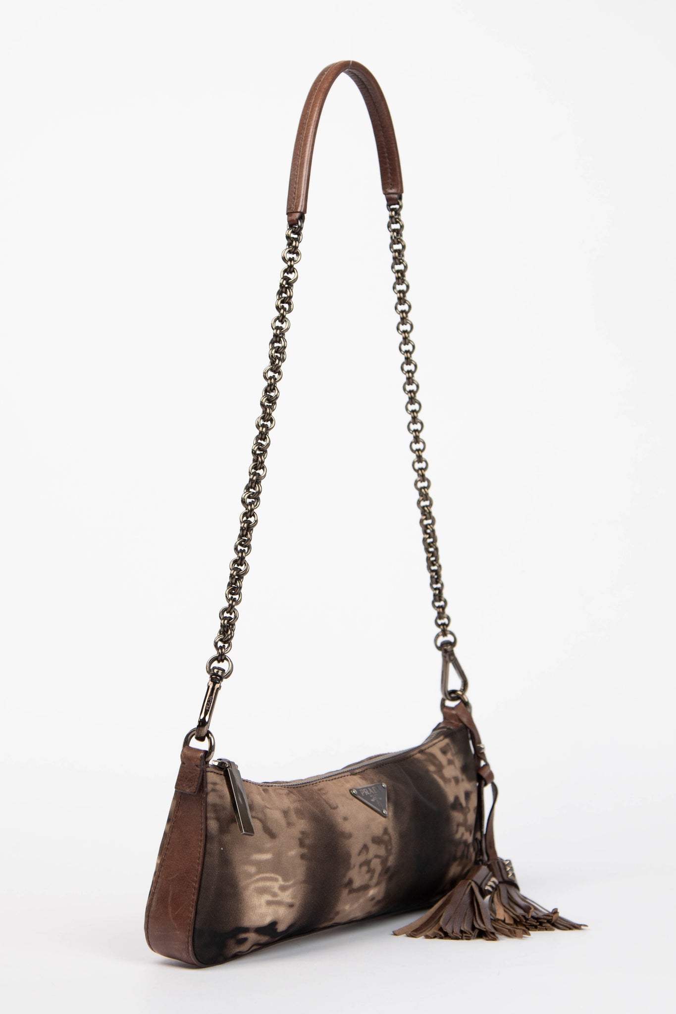 2000s Prada Brown Printed Nylon and Leather Shoulder Bag