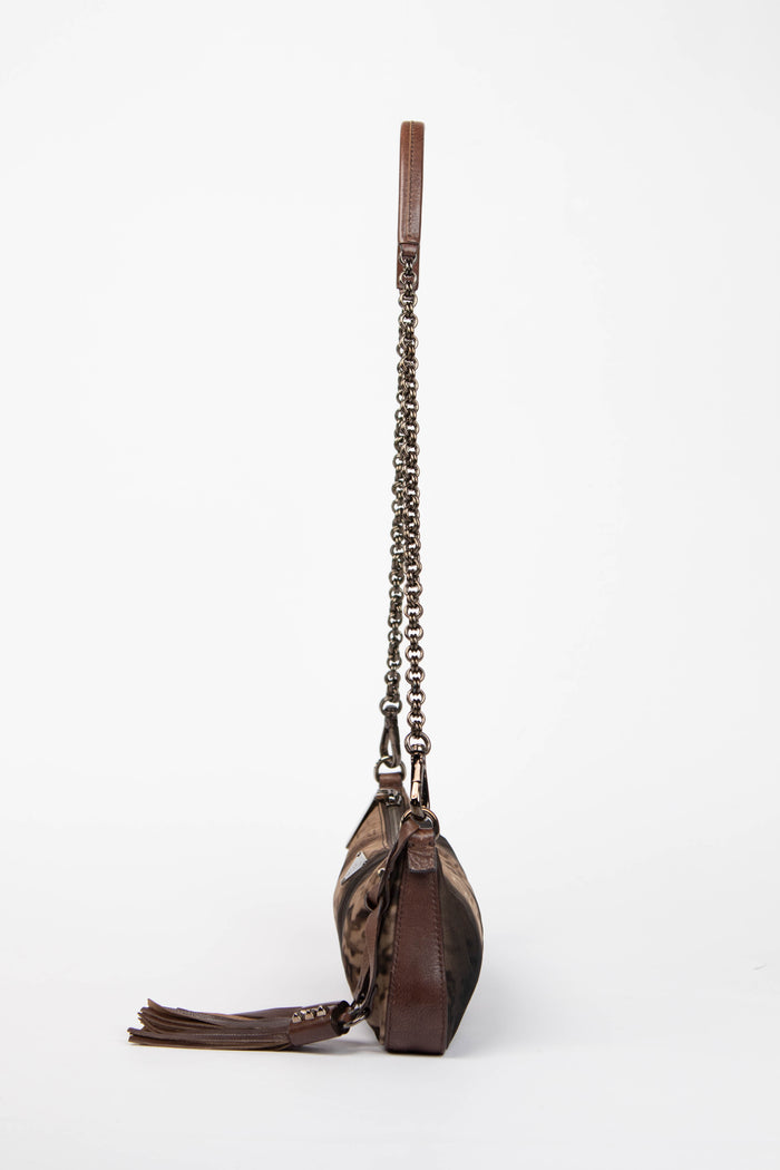 2000s Prada Brown Printed Nylon and Leather Shoulder Bag