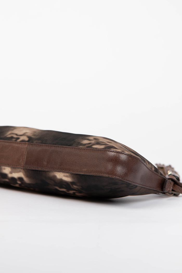 2000s Prada Brown Printed Nylon and Leather Shoulder Bag