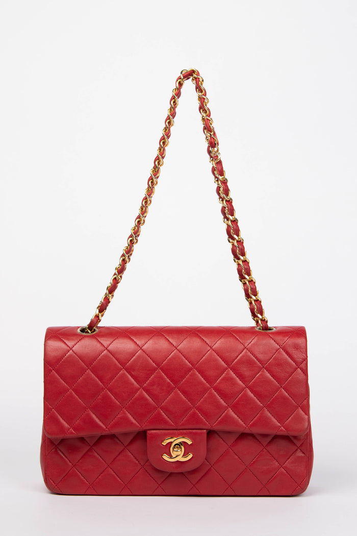 90s Chanel Red Lambskin Medium Classic Double Flap with 24K GHW