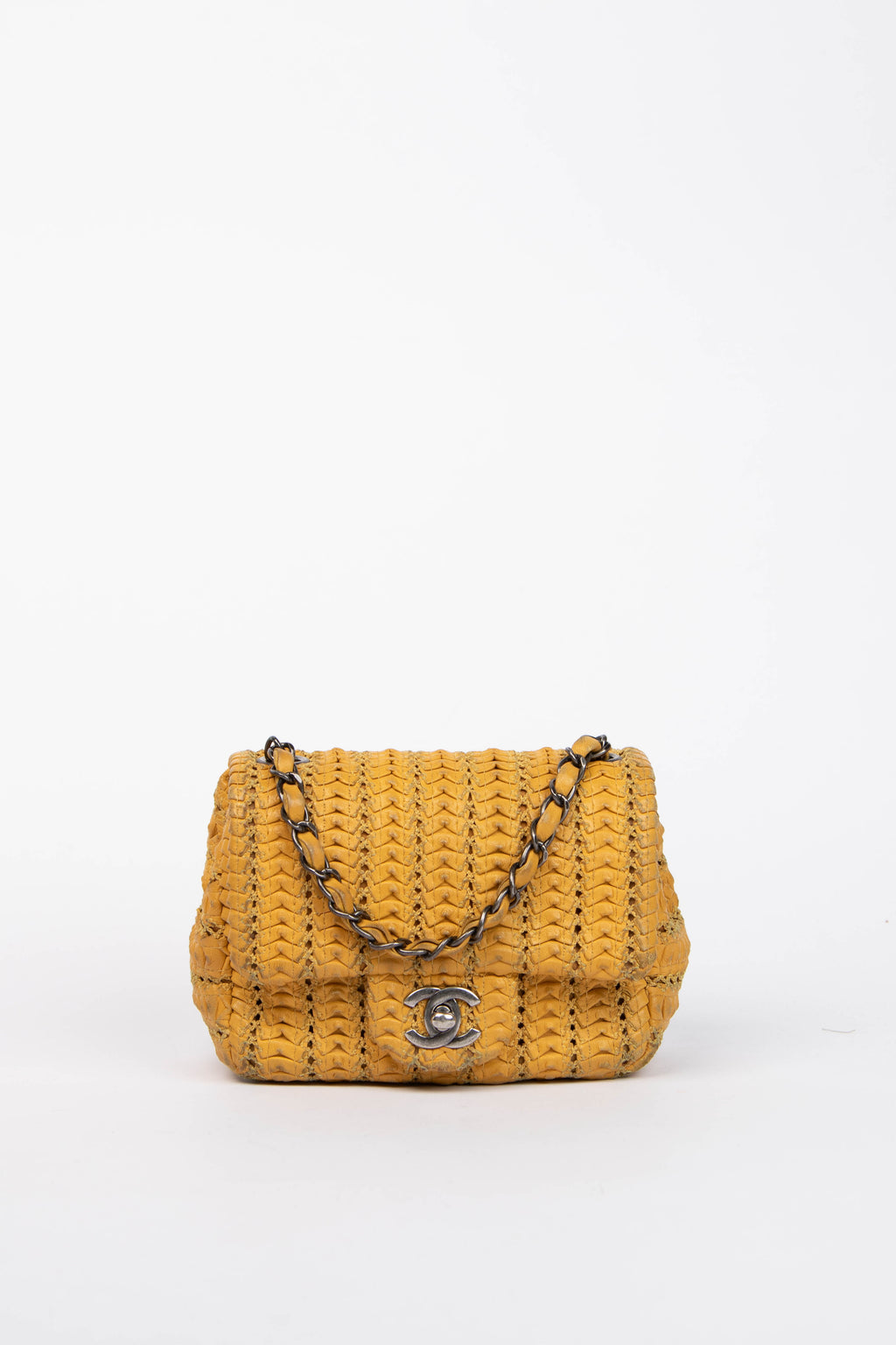 2015 Chanel Yellow Lambskin Paris Seoul Crochet Mini Square Flap Bag
